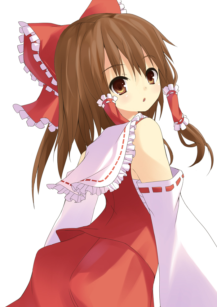 amaa (chou dennou jidai), hakurei reimu, touhou, 1girl, blouse, brown eyes, brown hair, detached sleeves, female focus, frilled hair tubes, frills, hair tubes, japanese clothes, miko, red shirt, shirt, simple background, skirt, sleeveless, sleeveless shirt, solo, white background