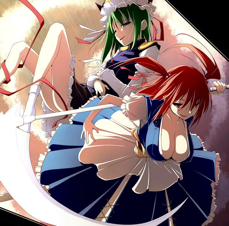 kurikara, onozuka komachi, shiki eiki, touhou, 2girls, breasts, cleavage, female focus, green eyes, green hair, hat, huge breasts, large breasts, multiple girls, red hair, scythe, socks, twintails, two side up