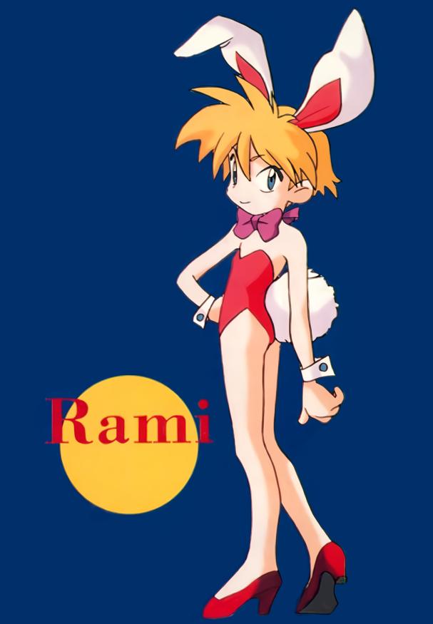 nanahikari rami, keiou yuugekitai, non-web source, official art, 1990s (style), 1girl, animal ears, blonde hair, blue eyes, blurry, blurry background, bow, bowtie, character name, fake animal ears, fake tail, flat chest, full body, hand on own hip, high heels, leotard, looking at viewer, playboy bunny, pumps, rabbit ears, rabbit tail, red leotard, red shoes, retro artstyle, shoes, short hair, simple background, smile, solo, standing, strapless, strapless leotard, tail, wrist cuffs
