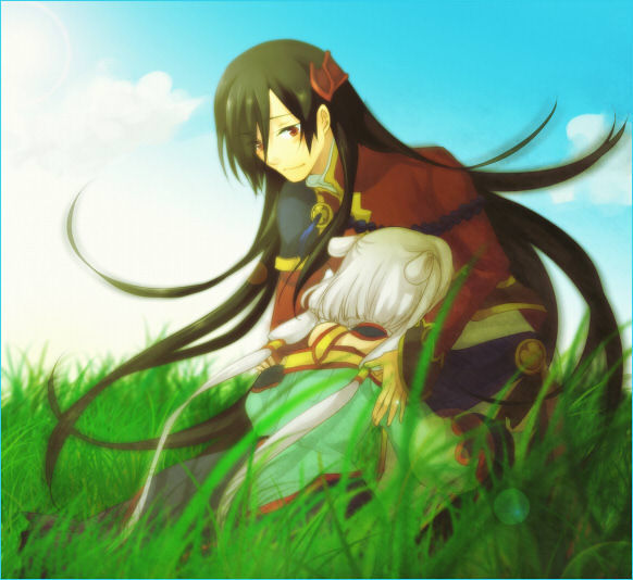 li xingke, tianzi, code geass, 00s, 1boy, 1girl, black hair, brown eyes, chinese clothes, couple, hetero, hug, long hair, white hair