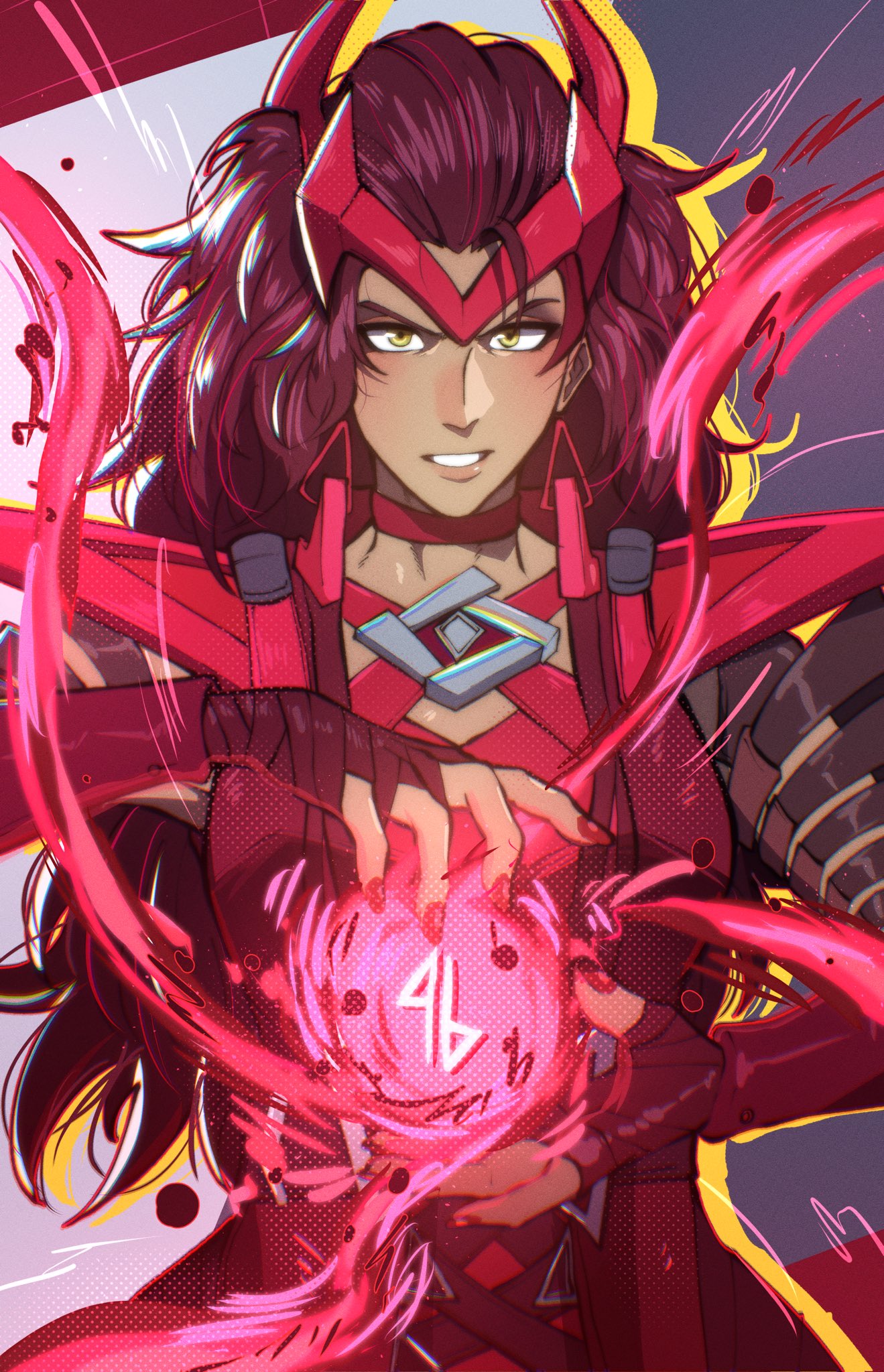 thatamaan, scarlet witch, wanda maximoff, marvel, marvel rivals, highres, 1girl, armor, brown hair, casting spell, choker, crown, dress, earrings, fingerless gloves, gloves, hair pulled back, jewelry, long hair, magic, parted lips, red dress, red nails, runes, shoulder armor, solo, triangle earrings, upper body, yellow eyes