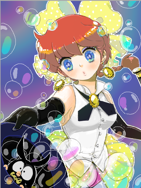 hoshino lala, hibiki ryouga, magical emi, p-chan, ranma-chan, saotome ranma, mahou no star magical emi, ranma 1/2, 1980s (style), gender request, 1girl, blue eyes, bow, braid, bubble, cosplay, earrings, elbow gloves, genderswap, gloves, hair bow, hat, hat tip, jewelry, magical emi (cosplay), magical girl, oldschool, pantyhose, parody, red hair, retro artstyle, ribbon, shirt, single braid, sleeveless, sleeveless shirt, top hat