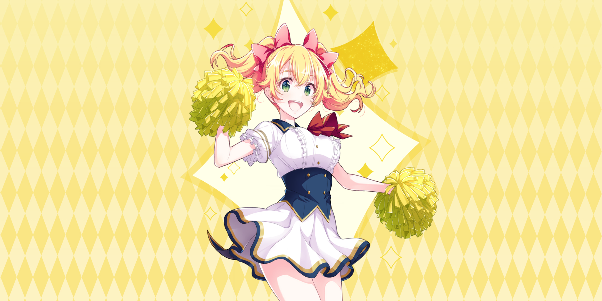 lavie (lapis re:lights), lapis re:lights, game cg, highres, official art, third-party source, 1girl, :d, argyle background, blonde hair, blue corset, bow, breasts, buttons, corset, cowboy shot, dot nose, double-breasted, dress, green eyes, hair bow, hand up, holding, holding pom poms, large breasts, looking at viewer, medium hair, open mouth, pom pom (cheerleading), pom poms, red bow, school uniform, short sleeves, skirt, smile, solo, sparkle background, teeth, twintails, underbust, upper teeth only, white dress, white skirt, yellow background
