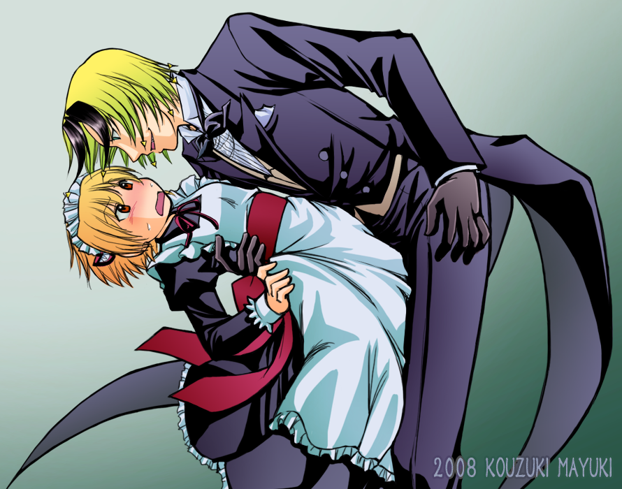 katsuragi yako, nougami neuro, majin tantei nougami neuro, 00s, 1boy, 1girl, blush, colored bangs, green eyes, height difference, maid, multicolored hair, red eyes