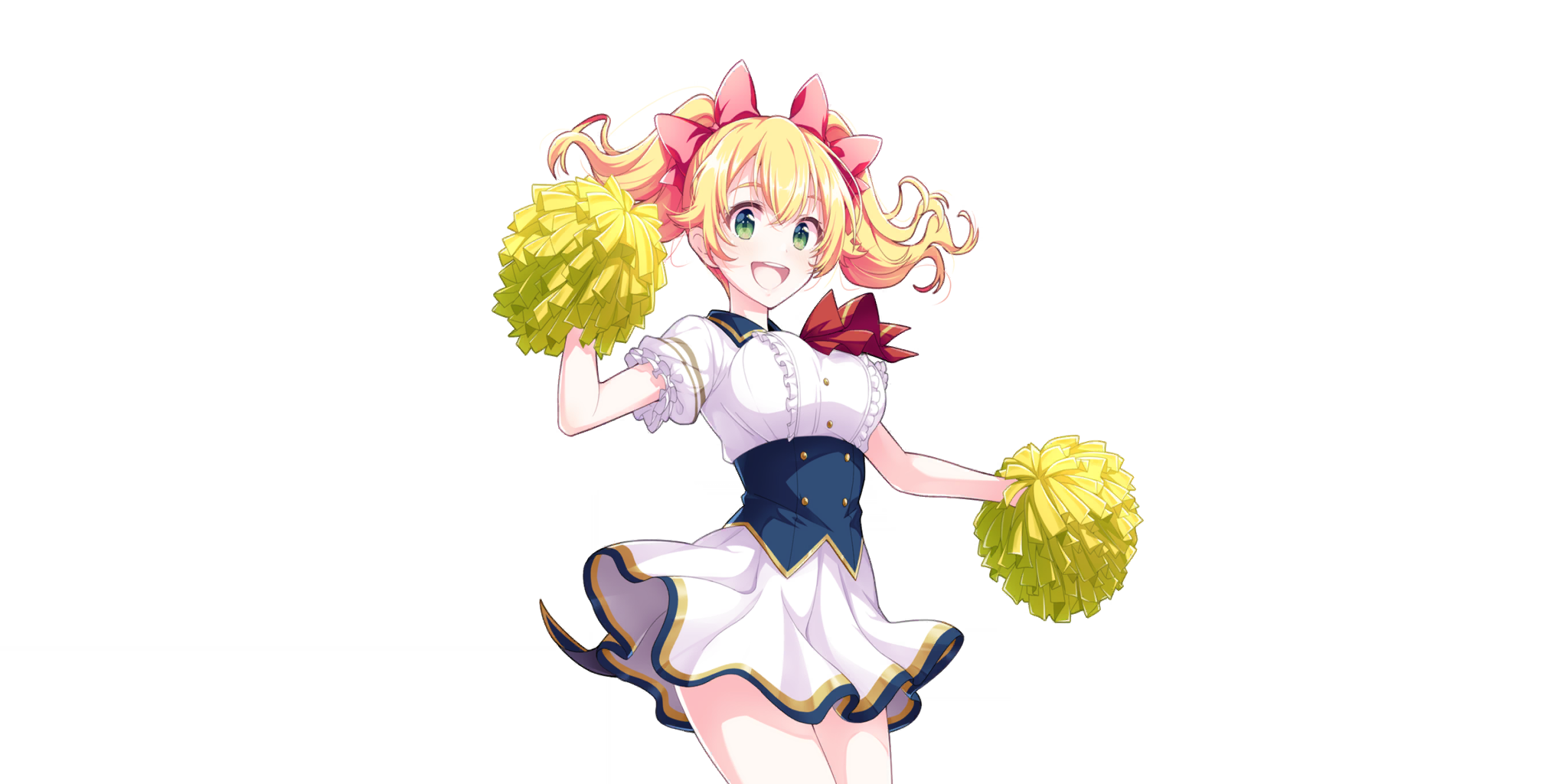 lavie (lapis re:lights), lapis re:lights, game cg, highres, official art, third-party source, 1girl, :d, blonde hair, blue corset, bow, breasts, buttons, corset, cowboy shot, dot nose, double-breasted, dress, green eyes, hair bow, hand up, holding, holding pom poms, large breasts, looking at viewer, medium hair, open mouth, pom pom (cheerleading), pom poms, red bow, school uniform, short sleeves, skirt, smile, solo, teeth, transparent background, twintails, underbust, upper teeth only, white dress, white skirt