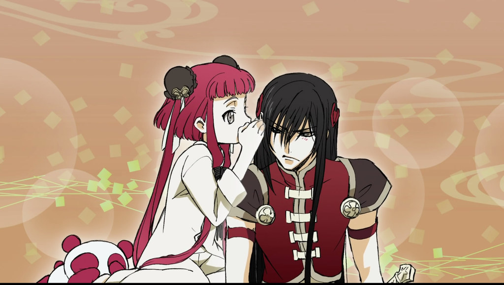 li xingke, tianzi, code geass, 00s, 1boy, 1girl, alternate hair color, blush, bun cover, chinese clothes, couple, double bun, hetero, long hair, pajamas, panda, stuffed animal, stuffed panda, stuffed toy, whispering