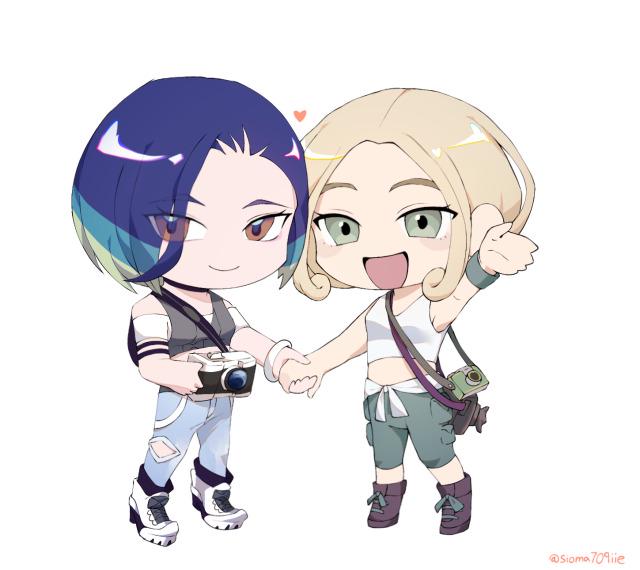 sioma709iie, perrin (pokemon), viola (pokemon), nintendo, pokemon, pokemon sv, pokemon xy, source request, 2girls, blonde hair, blue hair, brown eyes, camera, chibi, chibi only, eyes visible through hair, full body, green eyes, holding, holding camera, holding hands, looking at viewer, multiple girls, open mouth, short hair, simple background, standing, trait connection, white background
