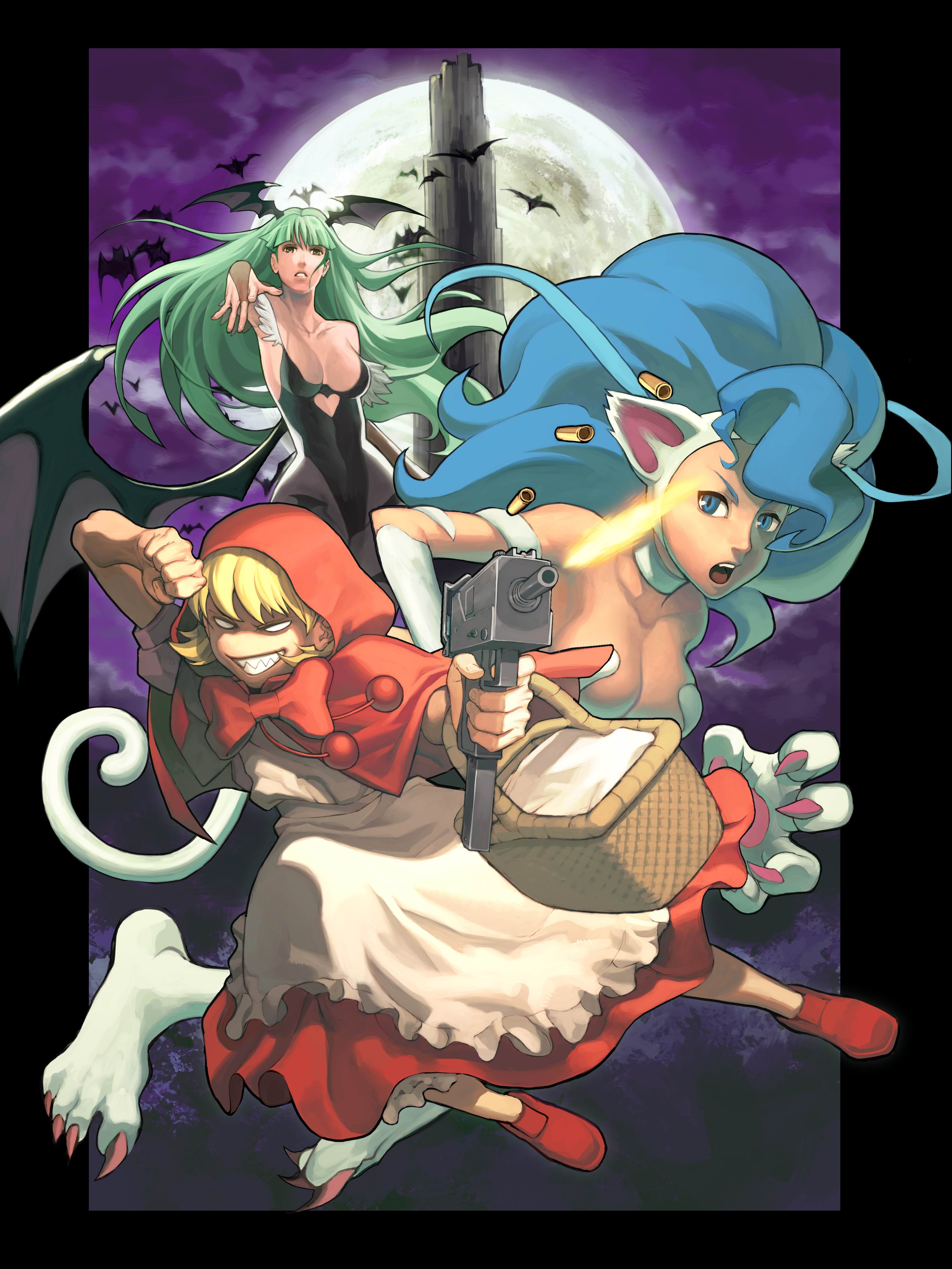 arnold tsang, udon entertainment, b.b. hood, felicia (darkstalkers), morrigan aensland, capcom, darkstalkers, vampire chronicle, framed, fur, grey legwear, machine pistol, print legwear, absurdres, highres, official art, 3girls, :o, age difference, animal ears, animal hands, animal print, apron, armpits, bare shoulders, basket, bat (animal), bat print, bat wings, big hair, blonde hair, bloomers, blue eyes, blue hair, bow, breasts, cat ears, cat paws, cat tail, claws, cleavage, clenched hand, cloak, clothing cutout, cloud, demon girl, dress, empty eyes, evil grin, evil smile, fighting stance, firing, flat chest, floating hair, foreshortening, frilled apron, frills, full moon, fur trim, green hair, grin, gun, head wings, heart, heart cutout, highleg, highleg leotard, hood, jumping, large breasts, leaning forward, leotard, long hair, looking at viewer, looking back, mac-10/11, moon, multiple girls, night, night sky, off shoulder, open mouth, outdoors, outside border, outstretched arm, pantyhose, parted lips, picnic basket, red dress, sharp teeth, shell casing, shoes, short hair, sky, slit pupils, smile, standing, submachine gun, tail, teeth, tower, underwear, very long hair, wavy hair, weapon, wide hips, wings, yellow eyes