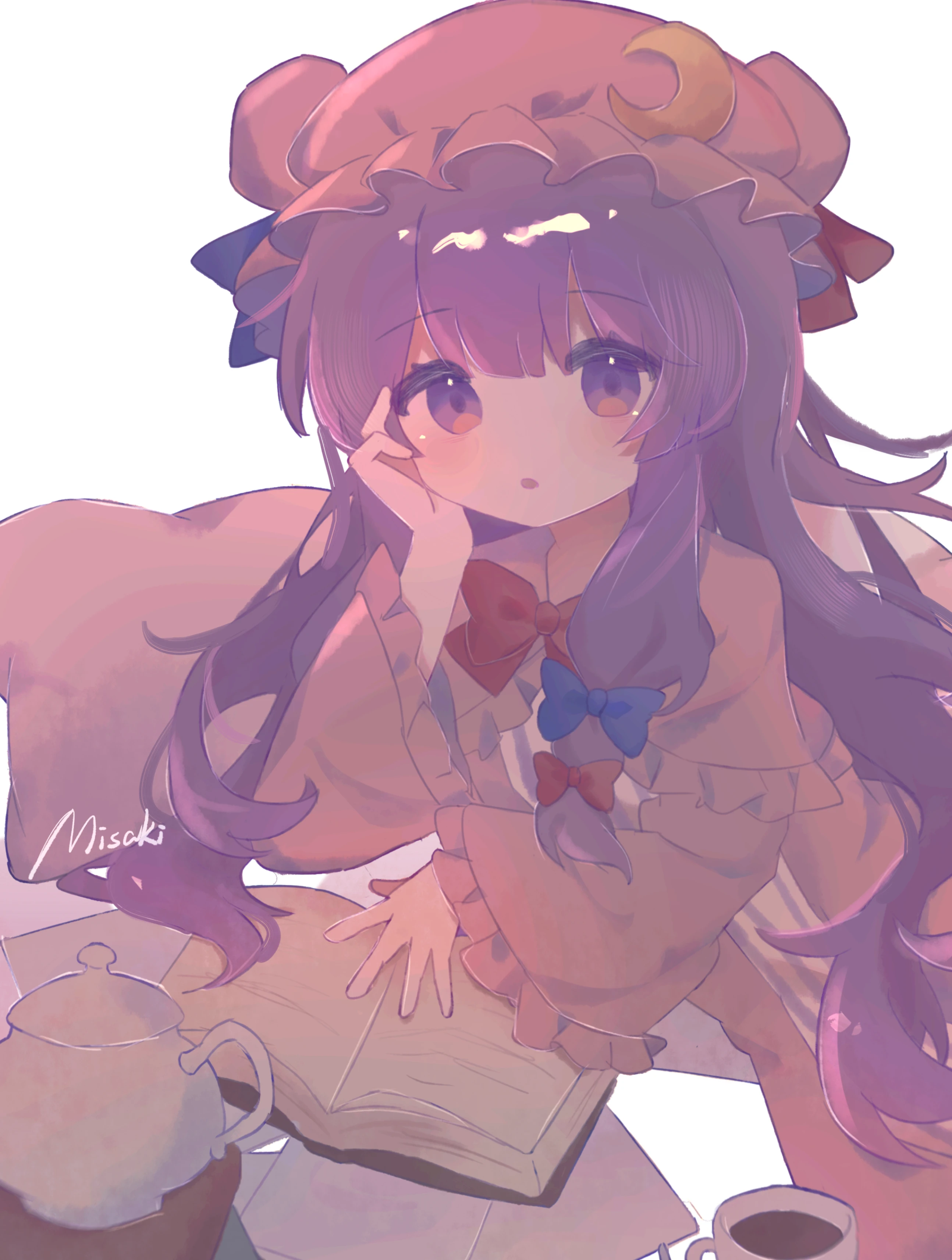 patchouli knowledge, touhou, absurdres, highres, 1girl, blue bow, book, bow, crescent moon, cup, frilled hat, frills, hat, long hair, misakiii, mob cap, moon, nightcap, open book, purple hair, reading, red bow, sitting, solo, table, teacup, teapot