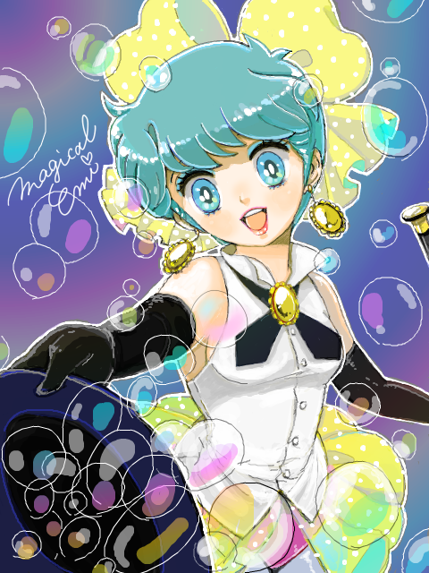 hoshino lala, kazuki mai, magical emi, mahou no star magical emi, 1980s (style), 1girl, blue eyes, blue hair, bow, bubble, character name, earrings, elbow gloves, eyeshadow, gloves, hair bow, hat, hat tip, jewelry, lipstick, magical girl, makeup, oldschool, pantyhose, purple background, retro artstyle, ribbon, shirt, short hair, sleeveless, sleeveless shirt, top hat, yellow bow