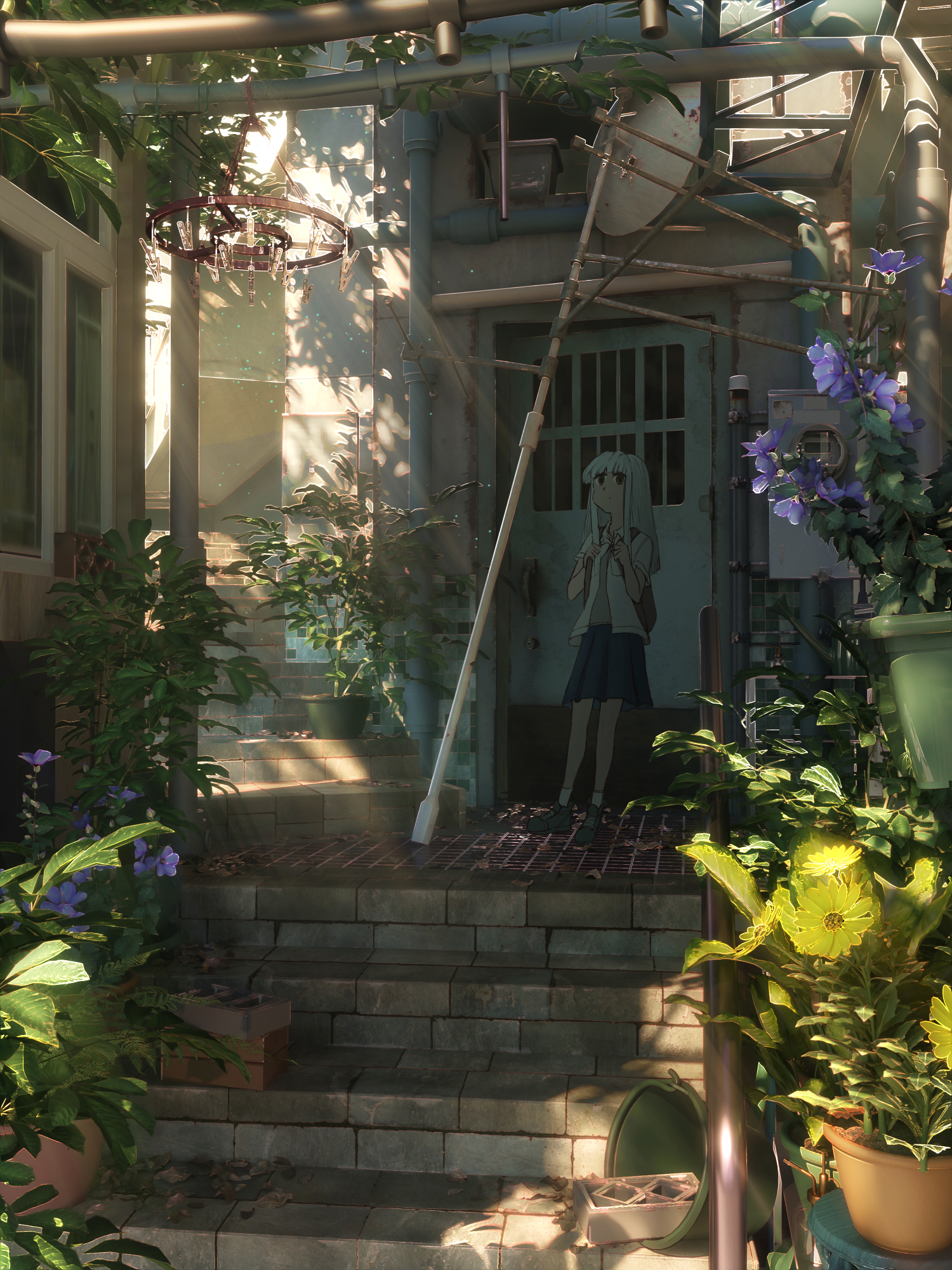 neur, original, commentary request, highres, 1girl, black skirt, dappled sunlight, day, flower, grey hair, grey shirt, lead pipe, long hair, open clothes, open shirt, outdoors, photorealistic, plant, pleated skirt, potted plant, purple flower, realistic, scenery, shirt, shoes, skirt, socks, solo, stairs, standing, summer, sunlight, thigh strap, urban, yellow flower