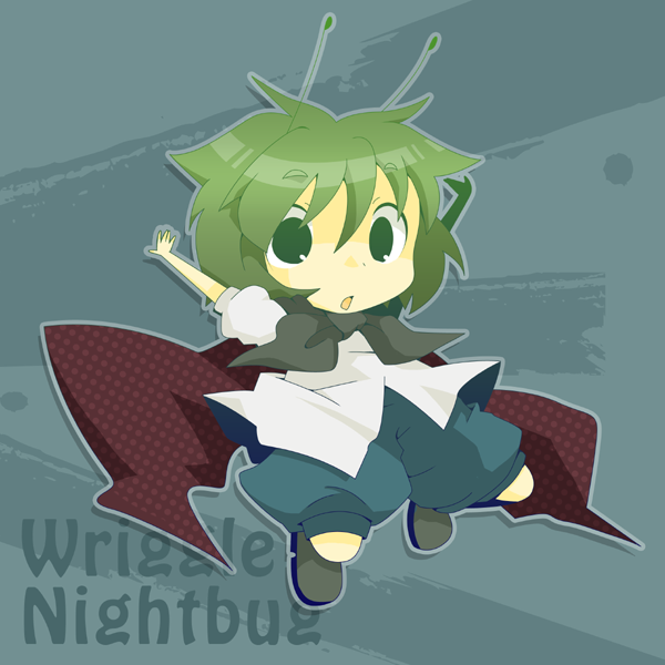 misaki, misaki (1n1m), wriggle nightbug, touhou, 1girl, o/, androgynous, antennae, arms up, cape, character name, chibi, female focus, green eyes, green hair, matching hair/eyes, outstretched arms, reverse trap, short hair, solo