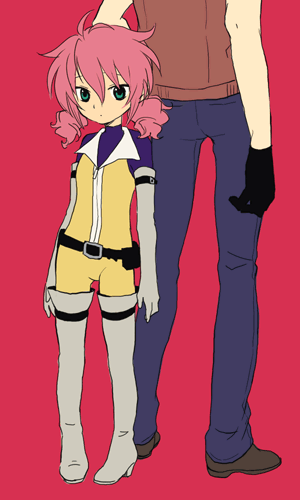 plum (arch), feldt grace, lockon stratos, gundam, gundam 00, lowres, 00s, 1boy, 1girl, aged down, belt, boots, child, elbow gloves, flat chest, gloves, grey thighhighs, pink hair, thigh boots, thighhighs, utility belt