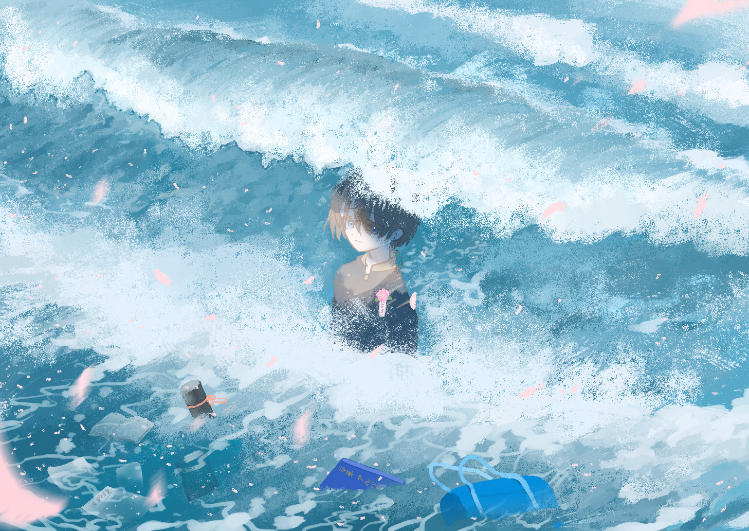 original, commentary request, 1boy, bag, black hair, black shirt, closed mouth, day, diploma tube, falling petals, gakuran, graduation, hair between eyes, long bangs, male focus, ocean, outdoors, partially submerged, petals, school bag, school uniform, shirt, short hair, solo, sora (gxgp4775), waves