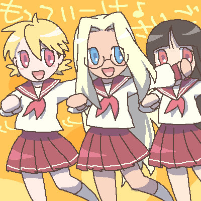 nankakureman, alucard (hellsing), girlycard, integra hellsing, seras victoria, hellsing, lucky star, motteke! serafuku, gender request, jpeg artifacts, lowres, 3girls, black hair, blonde hair, blue eyes, genderswap, glasses, long hair, multiple girls, neckerchief, oekaki, parody, red eyes, red neckerchief, school uniform, serafuku, short hair
