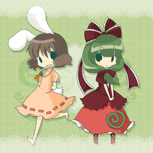 misaki, misaki (1n1m), inaba tewi, kagiyama hina, touhou, lowres, 2girls, animal ears, arms behind back, barefoot, brown hair, carrot, chibi, dress, female focus, front ponytail, green hair, jewelry, long hair, multiple girls, pendant, rabbit ears, ribbon, short hair, tail, v arms