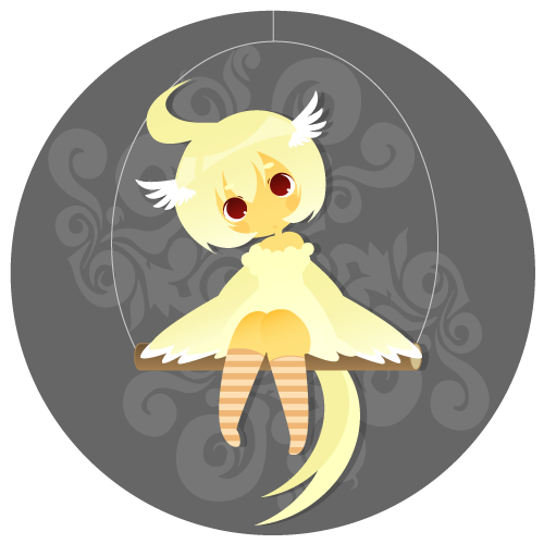 misaki, misaki (1n1m), original, lowres, 1girl, ahoge, blonde hair, chibi, dress, female focus, harpy, head wings, monster girl, red eyes, short hair, solo, tail, wings