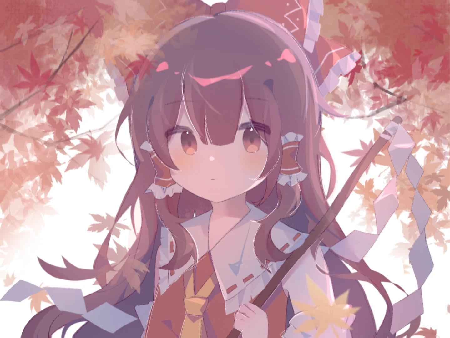 hakurei reimu, touhou, 1girl, autumn leaves, bow, brown hair, detached sleeves, frills, gohei, hair bow, japanese clothes, leaf, long hair, maple leaf, miko, misakiii, red ribbon, ribbon, solo, yellow bow