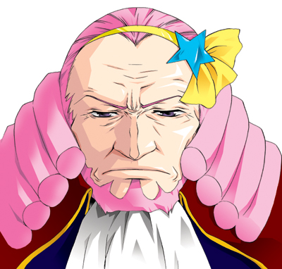 charles zi britannia, minky momo, code geass, mahou no princess minky momo, lowres, 1boy, child, curly hair, drill hair, facial hair, frown, male focus, parody, pink facial hair, pink hair, princess, simple background, solo, white background