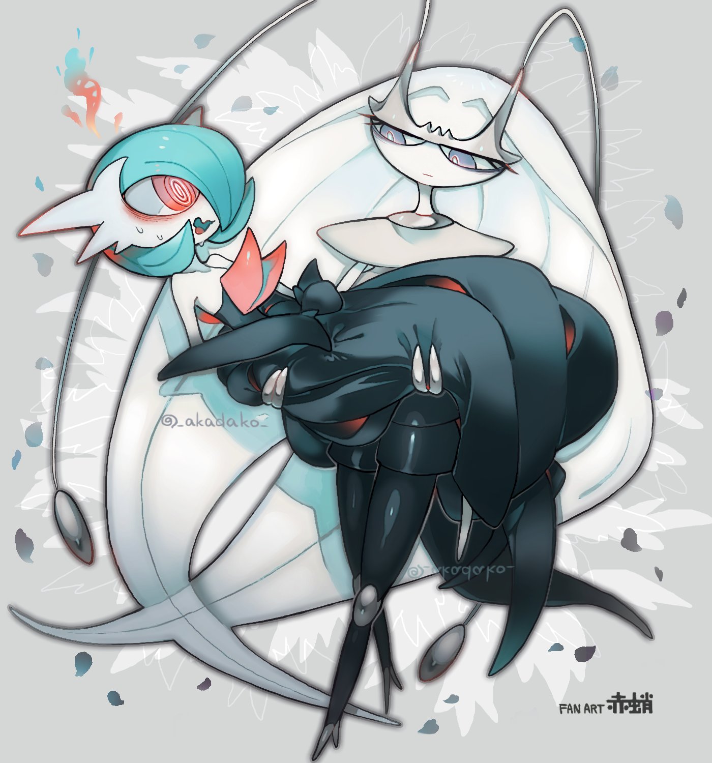 akadako, gardevoir, mega gardevoir, pheromosa, nintendo, pokemon, highres, @ @, alternate color, antennae, artist name, black dress, black gloves, blue hair, carrying, colored skin, dress, elbow gloves, gen 3 pokemon, gen 7 pokemon, gloves, grey background, mega pokemon, pink eyes, pokemon (creature), princess carry, purple eyes, shiny pokemon, strapless, strapless dress, sweatdrop, ultra beast, white skin
