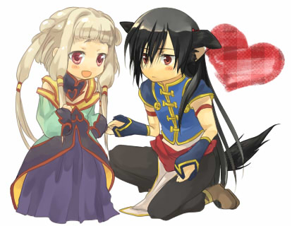 li xingke, tianzi, code geass, lowres, 00s, 1boy, 1girl, albino, black hair, brown eyes, chinese clothes, couple, happy, heart, hetero, red eyes, white hair