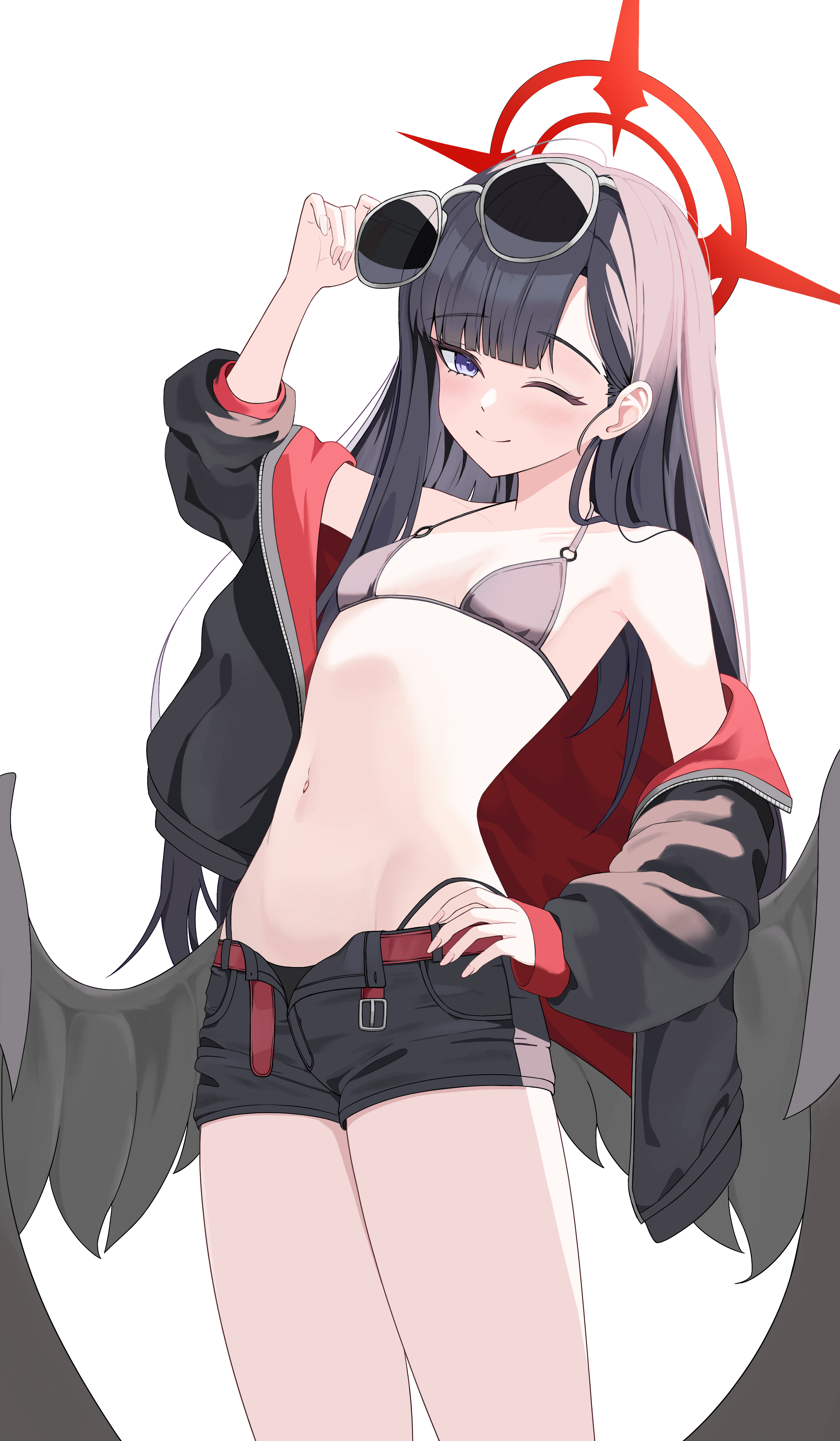 jigaghada (rm8542), ichika (blue archive), ichika (swimsuit) (blue archive), blue archive, absurdres, highres, 1girl, adjusting eyewear, belt, bikini, bikini bottom under shorts, bikini under clothes, black bikini, black hair, black jacket, black shorts, black wings, eyewear on head, feathered wings, halo, hand on eyewear, hand on own hip, jacket, long hair, looking at viewer, low wings, o-ring, o-ring bikini, o-ring top, official alternate costume, one eye closed, open clothes, open jacket, open shorts, red belt, red halo, shorts, smile, solo, sunglasses, swimsuit, wings