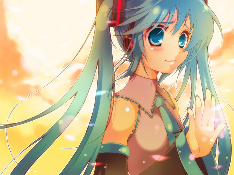 sokomushi, hatsune miku, vocaloid, bad id, bad pixiv id, aqua eyes, aqua hair, detached sleeves, headphones, long hair, necktie, solo, twintails, very long hair