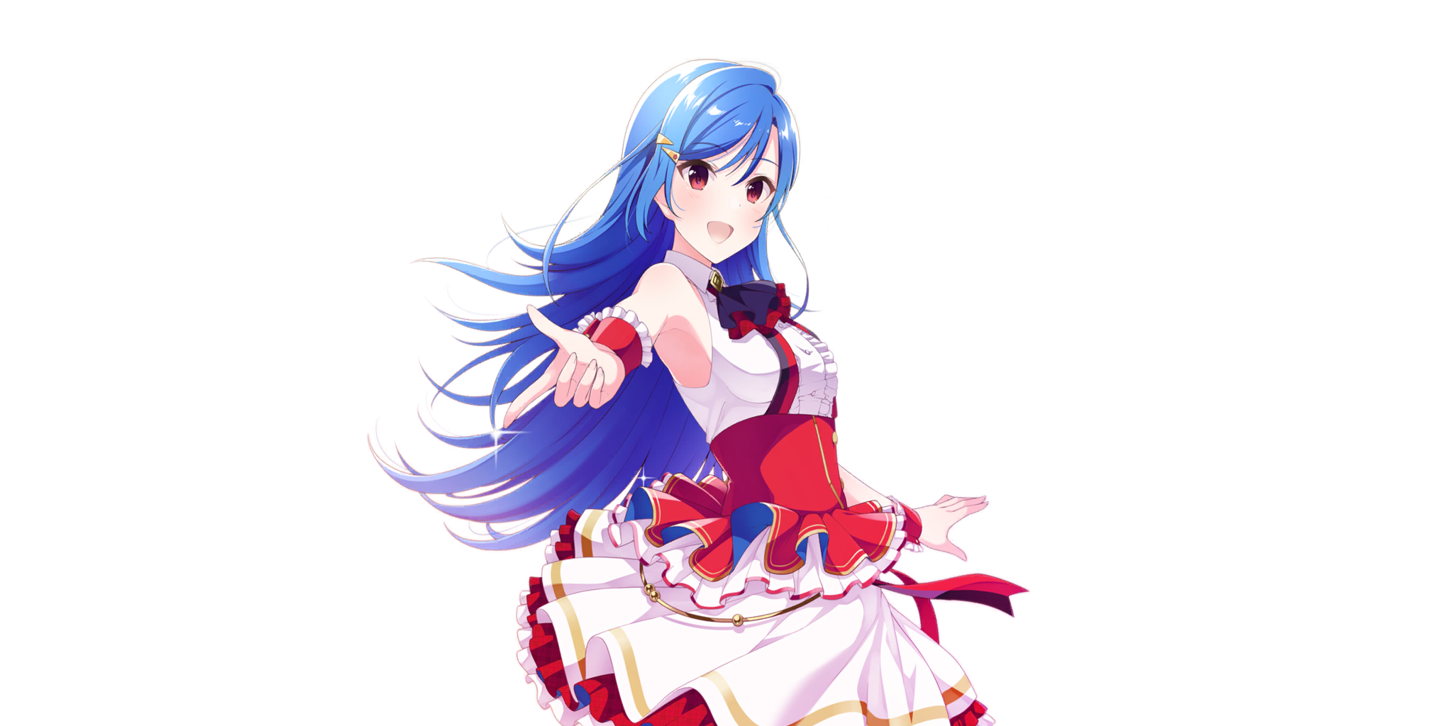 rosetta (lapis re:lights), lapis re:lights, game cg, highres, official art, third-party source, 1girl, bare shoulders, blue hair, breasts, corset, cowboy shot, dot nose, dress, hair ornament, hairclip, idol, idol clothes, index finger raised, long hair, looking at viewer, medium breasts, open mouth, outstretched arm, red corset, red eyes, red ribbon, red wrist cuffs, ribbon, skirt, sleeveless, sleeveless dress, smile, solo, sparkle, transparent background, underbust, white dress, white skirt, wrist cuffs