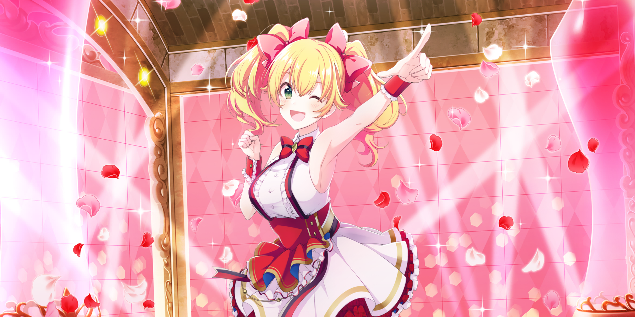 lavie (lapis re:lights), lapis re:lights, game cg, highres, official art, third-party source, 1girl, ;d, arm up, bare shoulders, blonde hair, blush, bow, bowtie, breasts, corset, cowboy shot, dot nose, dress, falling petals, frilled skirt, frills, green eyes, hair bow, idol, idol clothes, indoors, large breasts, looking at viewer, medium hair, one eye closed, open mouth, petals, pink petals, pointing, pointing up, red bow, red bowtie, red corset, red petals, red wrist cuffs, sideboob, skirt, sleeveless, sleeveless dress, smile, solo, sparkle, stage lights, striped bow, striped bowtie, striped clothes, tile wall, tiles, twintails, underbust, white petals, white skirt, wrist cuffs