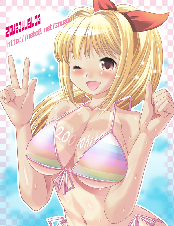 marin (marine-sky-earth), zouzou, marin (umi monogatari), umi monogatari, 00s, 1girl, ;d, arms up, bikini, bikini tan, blonde hair, blush, breasts, brown eyes, female focus, front-tie bikini top, front-tie top, happy, high ponytail, long hair, milestone celebration, multicolored bikini, navel, one eye closed, open mouth, ponytail, side-tie bikini bottom, sky, smile, solo, string bikini, striped bikini, striped clothes, swimsuit, tan, tan tattoo, tanline, tattoo, thumbs up, underboob, upper body, v, watermark, web address, wink