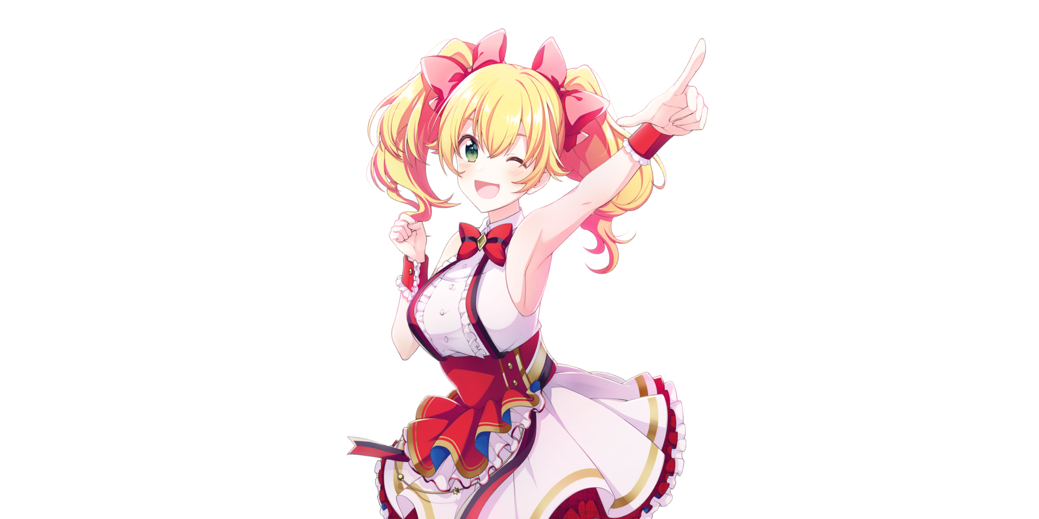 lavie (lapis re:lights), lapis re:lights, game cg, highres, official art, third-party source, 1girl, ;d, arm up, bare shoulders, blonde hair, blush, bow, bowtie, breasts, corset, cowboy shot, dot nose, dress, frilled skirt, frills, green eyes, hair bow, idol, idol clothes, large breasts, looking at viewer, medium hair, one eye closed, open mouth, pointing, pointing up, red bow, red bowtie, red corset, red wrist cuffs, sideboob, skirt, sleeveless, sleeveless dress, smile, solo, striped bow, striped bowtie, striped clothes, transparent background, twintails, underbust, white skirt, wrist cuffs