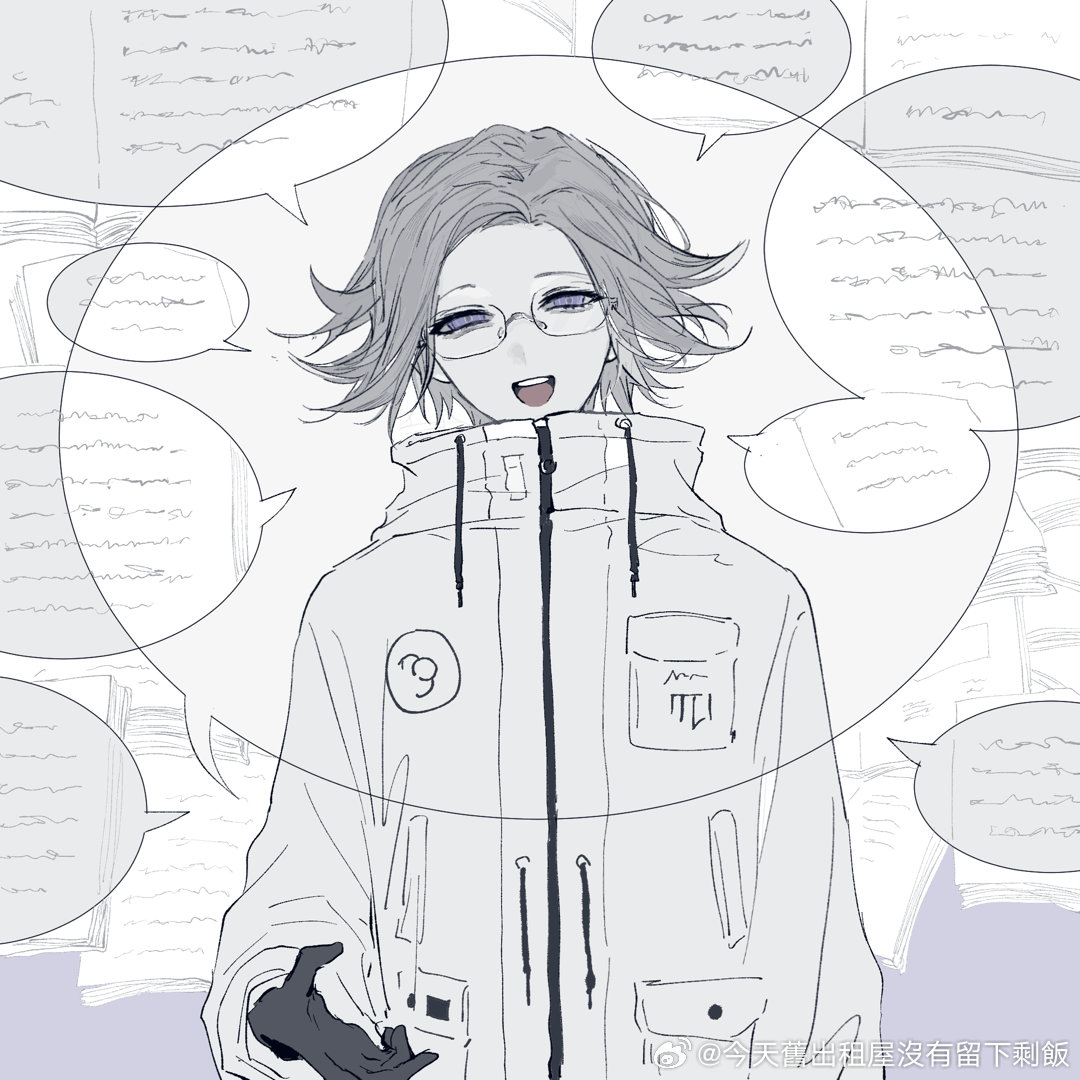 mint1618680, aotsuki eito, the hundred line -last defense academy-, 1boy, coat, drawstring, glasses, gloves, grey eyes, grey gloves, grey hair, illegible text, looking at viewer, male focus, open mouth, ringed eyes, short hair, solo, speech bubble, white coat