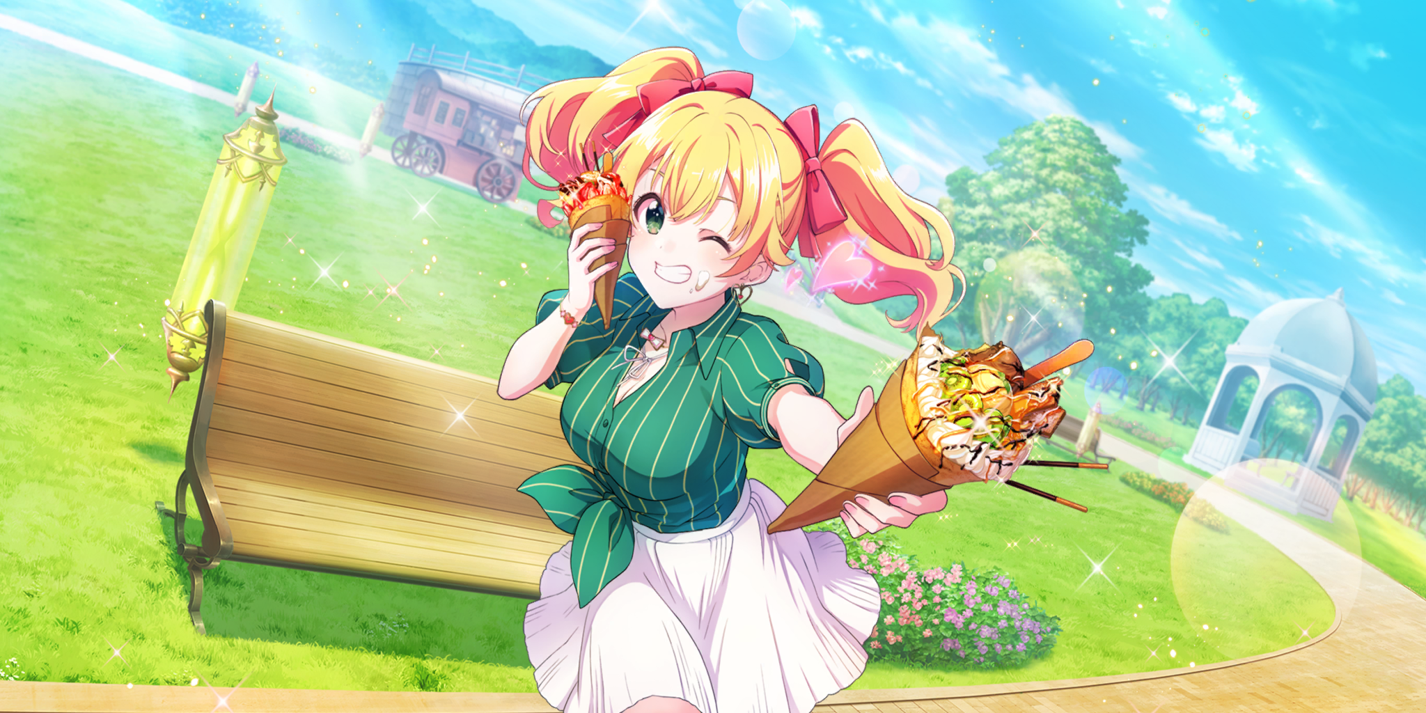 lavie (lapis re:lights), lapis re:lights, game cg, highres, official art, third-party source, 1girl, bench, blonde hair, blue sky, bow, breasts, brick road, bush, cleavage, cloud, cowboy shot, crepe, day, dot nose, dutch angle, flower, food, food on face, gazebo, grass, green eyes, green shirt, grin, hair bow, hand up, heart, heart bracelet, holding, holding crepe, holding food, incoming food, large breasts, lens flare, looking at viewer, medium hair, one eye closed, outdoors, outstretched arm, park, park bench, pink flower, pinstripe pattern, pinstripe shirt, red bow, shirt, short sleeves, skirt, sky, smile, solo, sparkle, striped clothes, striped shirt, sunlight, tree, twintails, vending cart, vertical-striped clothes, vertical-striped shirt, white skirt, wooden bench