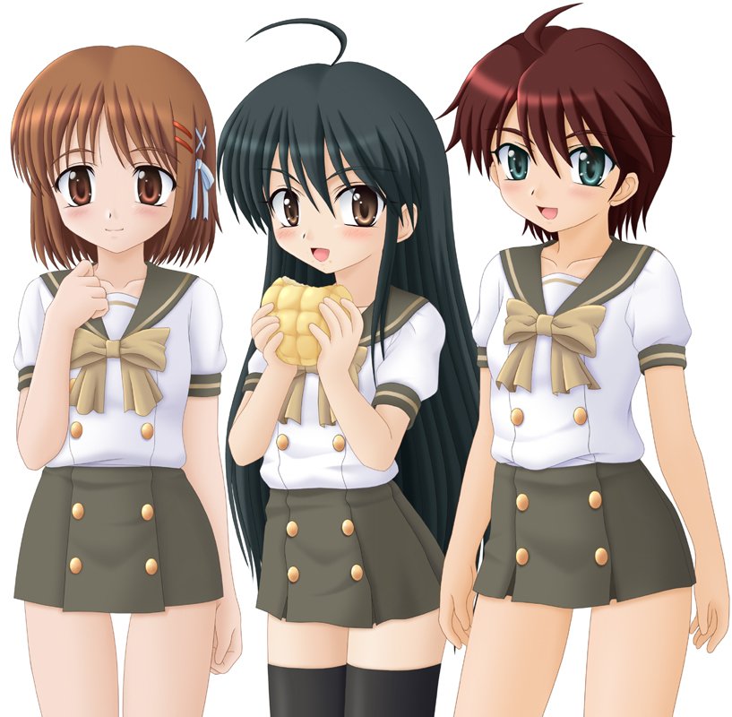 miracle!, ogata matake, shana, yoshida kazumi, shakugan no shana, 00s, black hair, bread, brown eyes, brown hair, food, green eyes, long hair, melon bread, red hair, school uniform, short hair, simple background, thighhighs
