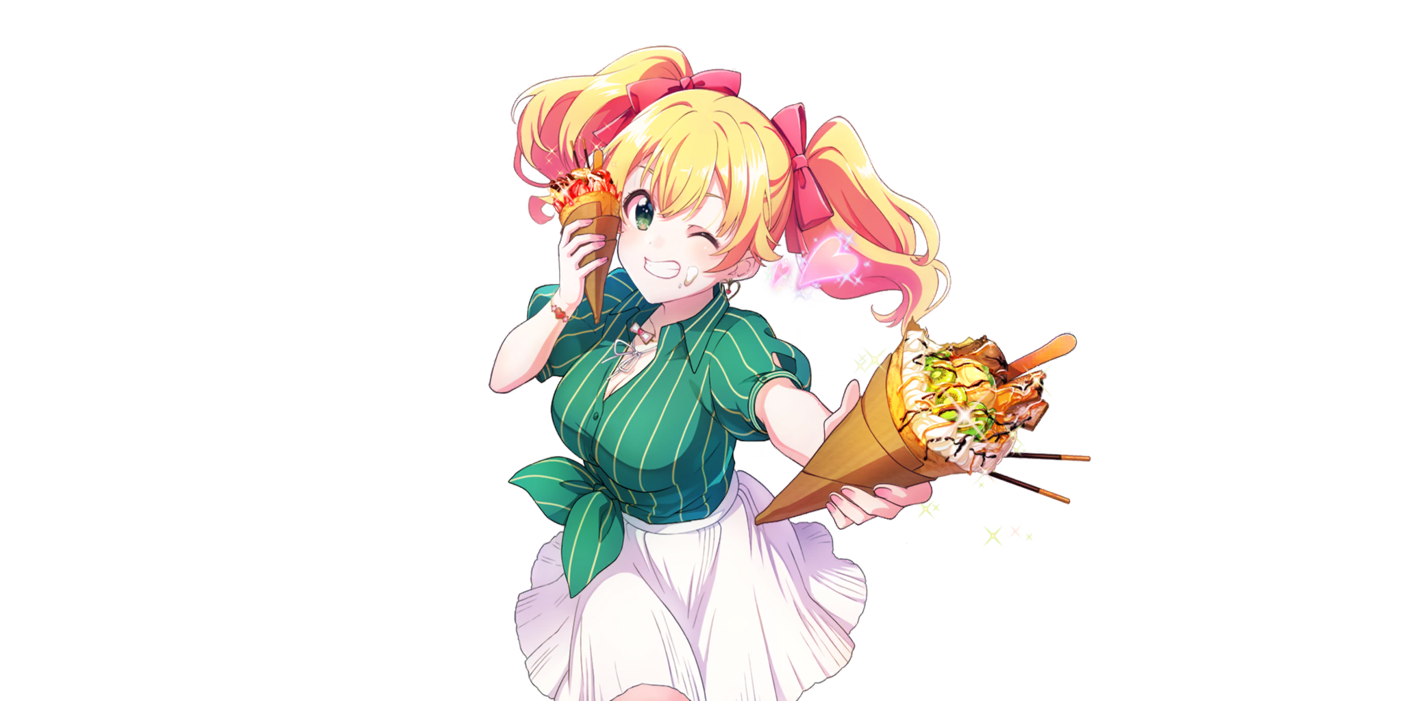 lavie (lapis re:lights), lapis re:lights, game cg, highres, official art, third-party source, 1girl, blonde hair, bow, breasts, cleavage, cowboy shot, crepe, dot nose, food, food on face, green eyes, green shirt, grin, hair bow, hand up, heart, heart bracelet, holding, holding crepe, holding food, incoming food, large breasts, looking at viewer, medium hair, one eye closed, outstretched arm, pinstripe pattern, pinstripe shirt, red bow, shirt, short sleeves, skirt, smile, solo, sparkle, striped clothes, striped shirt, sunlight, transparent background, twintails, vertical-striped clothes, vertical-striped shirt, white skirt