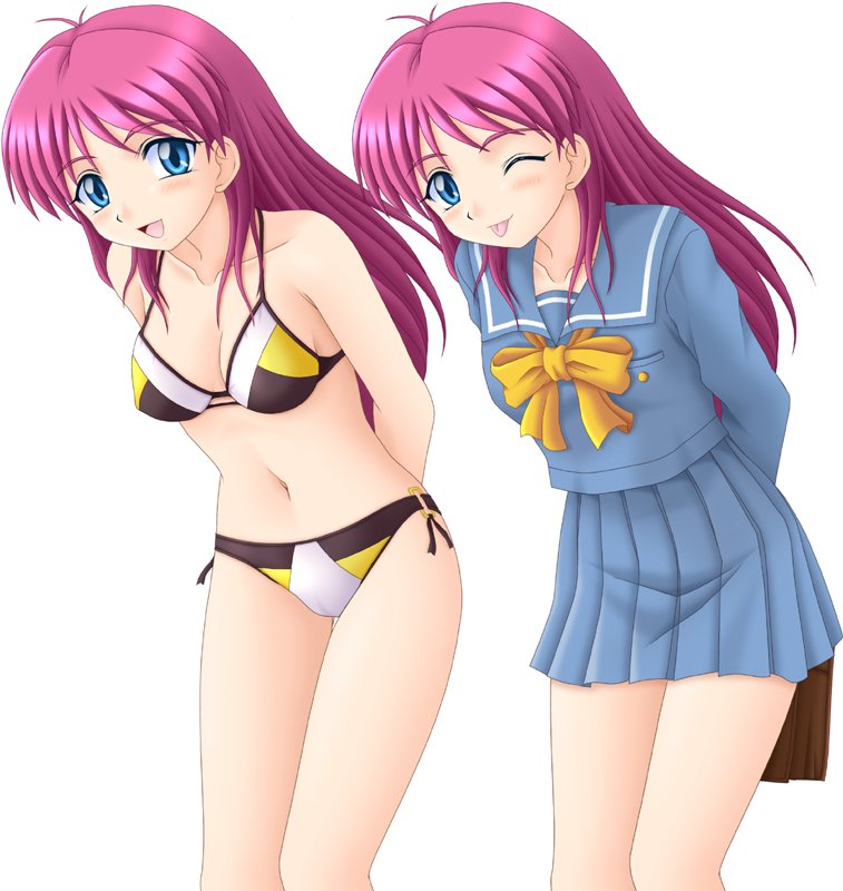miracle!, shirayuki maho, tokimeki memorial, tokimeki memorial 2, 2girls, bent over, bikini, blue eyes, blue skirt, cosplay, costume switch, dual persona, long hair, multiple girls, one eye closed, pink hair, school uniform, skirt, swimsuit, tongue, wink