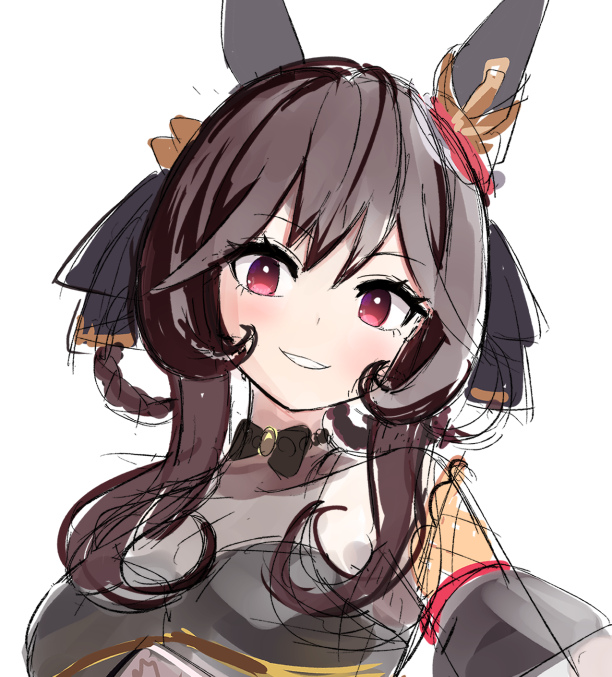 amutaro, gentildonna (regina dei fiori) (umamusume), gentildonna (umamusume), umamusume, 1girl, animal ears, blush, braid, braided hair rings, breasts, brown hair, ear covers, ear ornament, hair between eyes, hair ornament, hair rings, heart-shaped ornament, heart ear ornament, horse ears, horse girl, large breasts, looking at viewer, red eyes, see-through cleavage, see-through clothes, simple background, single ear cover, smile, solo, white background