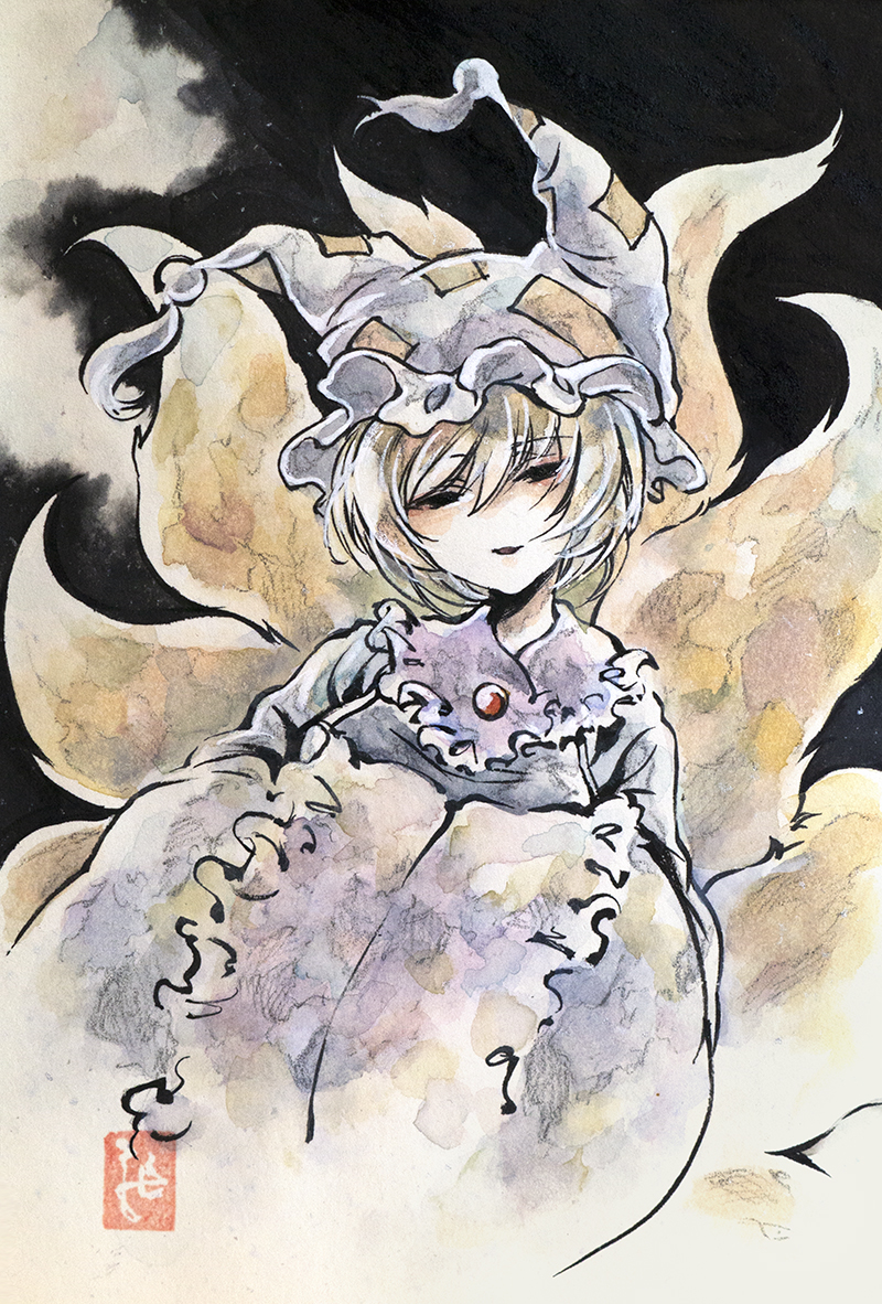 ikeda ruriko, yakumo ran, touhou, 1girl, animal ears, blonde hair, fox ears, fox tail, half-closed eyes, looking at viewer, medium hair, multiple tails, solo, tail, wide sleeves