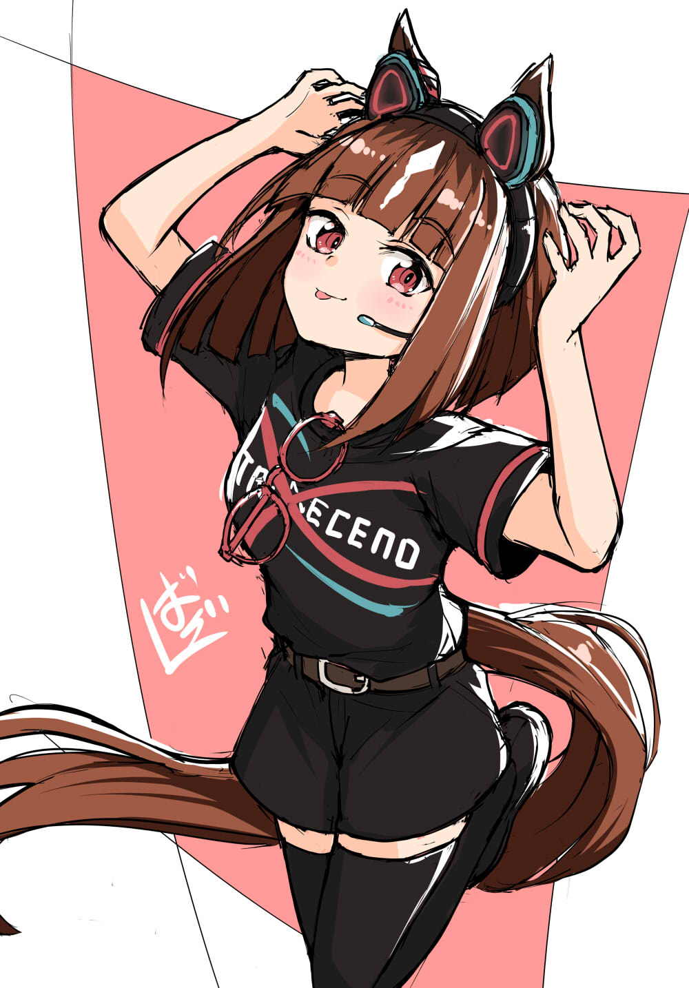 barashiya, transcend (casual) (umamusume), transcend (umamusume), umamusume, highres, 1girl, animal ears, badge, bob cut, bow, breasts, brown hair, button badge, ear ornament, ear ribbon, glasses, horse ears, horse girl, horse tail, inverted bob, looking at viewer, red-framed eyewear, red eyes, short hair, smile, solo, tail