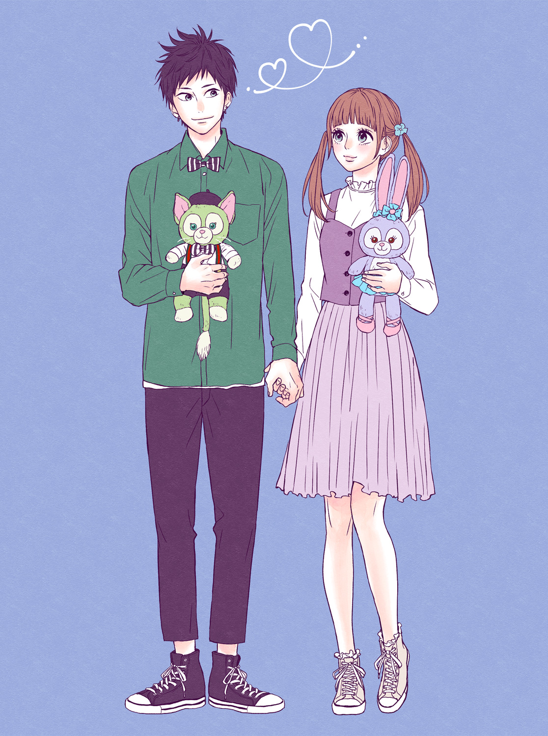 stellalou, highres, official art, 1boy, 1girl, black hair, brown hair, doll, dreamin' sun, duffy and friends, full body, gelatoni, long hair, low twintails, manga ichigo t, multicolored hair, nakajou zen, shirt, skirt, smile, streaked hair, stuffed toy, tamada saeko, twintails
