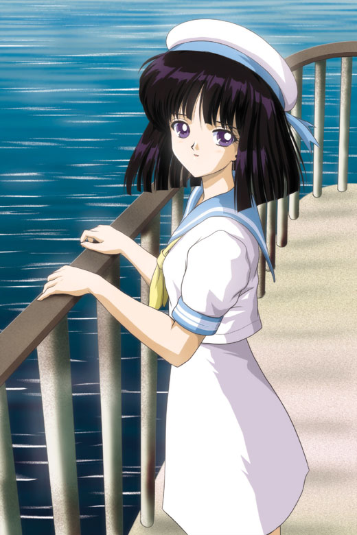 hino ryutaro, tomoe hotaru, bishoujo senshi sailor moon, non-web source, 1990s (style), 1girl, black hair, blouse, female focus, from side, hat, neckerchief, purple eyes, purple hair, rail, railing, retro artstyle, sailor, school uniform, serafuku, shirt, short hair, solo, water, white hat, white shirt, yellow neckerchief