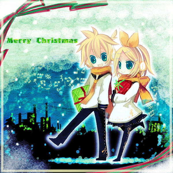 aruya (flosrota), kagamine len, kagamine rin, vocaloid, bad id, bad pixiv id, 1boy, 1girl, blonde hair, blue eyes, brother and sister, chibi, christmas, earmuffs, gift, hair ornament, hairclip, necktie, pantyhose, ribbon, scarf, short hair, siblings, skirt, square-end necktie, twins, yellow necktie