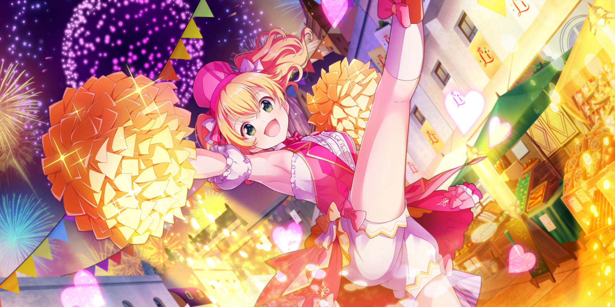 lavie (lapis re:lights), lapis re:lights, game cg, highres, official art, third-party source, 1girl, :d, aerial fireworks, armpits, blonde hair, bow legwear, breasts, building, detached sleeves, dot nose, dress, dutch angle, fireworks, food stand, green eyes, hat, heart, kicking, kneehighs, large breasts, looking at viewer, night, night sky, open mouth, outstretched arm, pink dress, pink hat, pink skirt, short sleeves, shorts, shorts under skirt, showgirl skirt, sign, skirt, sky, sleeveless, sleeveless dress, smile, socks, solo, sparkle, string of flags, town, twintails, two-tone dress, white dress, white shorts, white socks