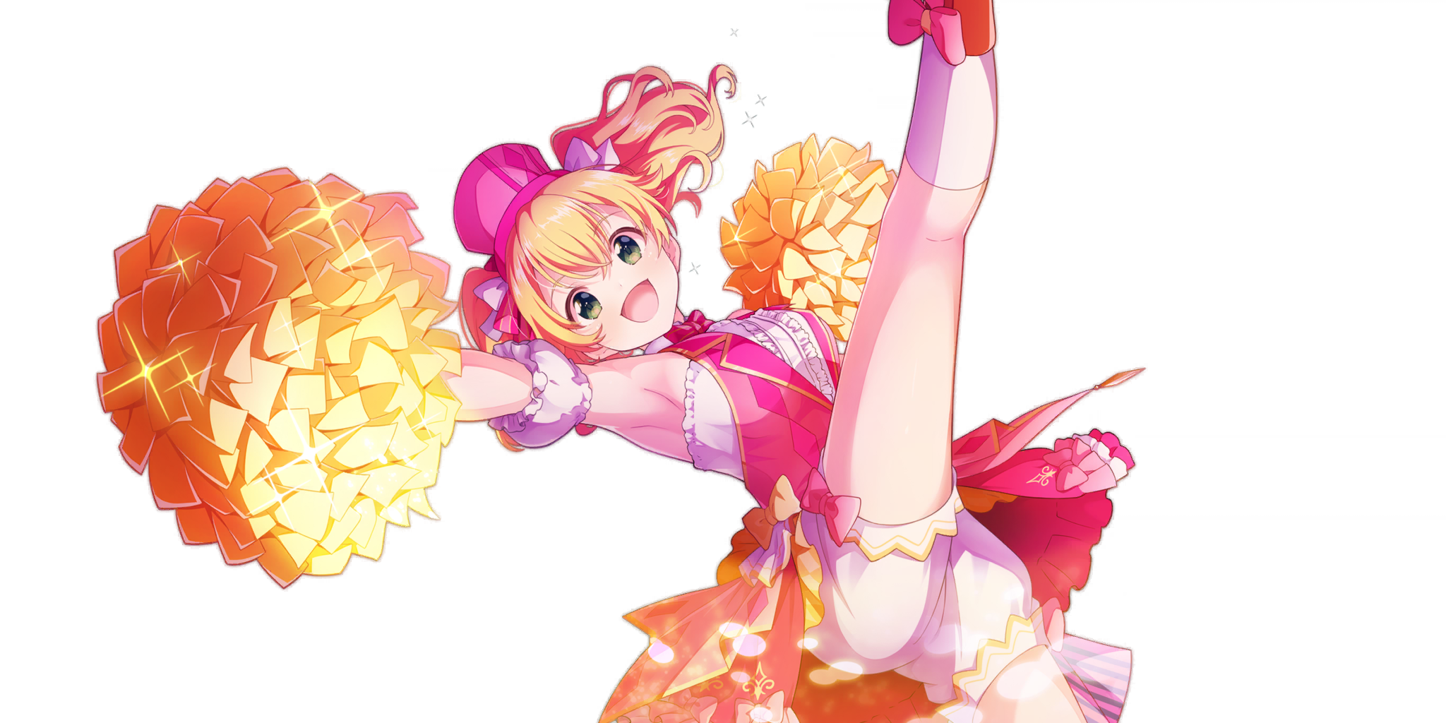 lavie (lapis re:lights), lapis re:lights, game cg, highres, official art, third-party source, 1girl, :d, armpits, blonde hair, bow legwear, breasts, detached sleeves, dot nose, dress, green eyes, hat, kicking, kneehighs, large breasts, looking at viewer, open mouth, outstretched arm, pink dress, pink hat, pink skirt, short sleeves, shorts, shorts under skirt, showgirl skirt, skirt, sleeveless, sleeveless dress, smile, socks, solo, sparkle, transparent background, twintails, two-tone dress, white dress, white shorts, white socks