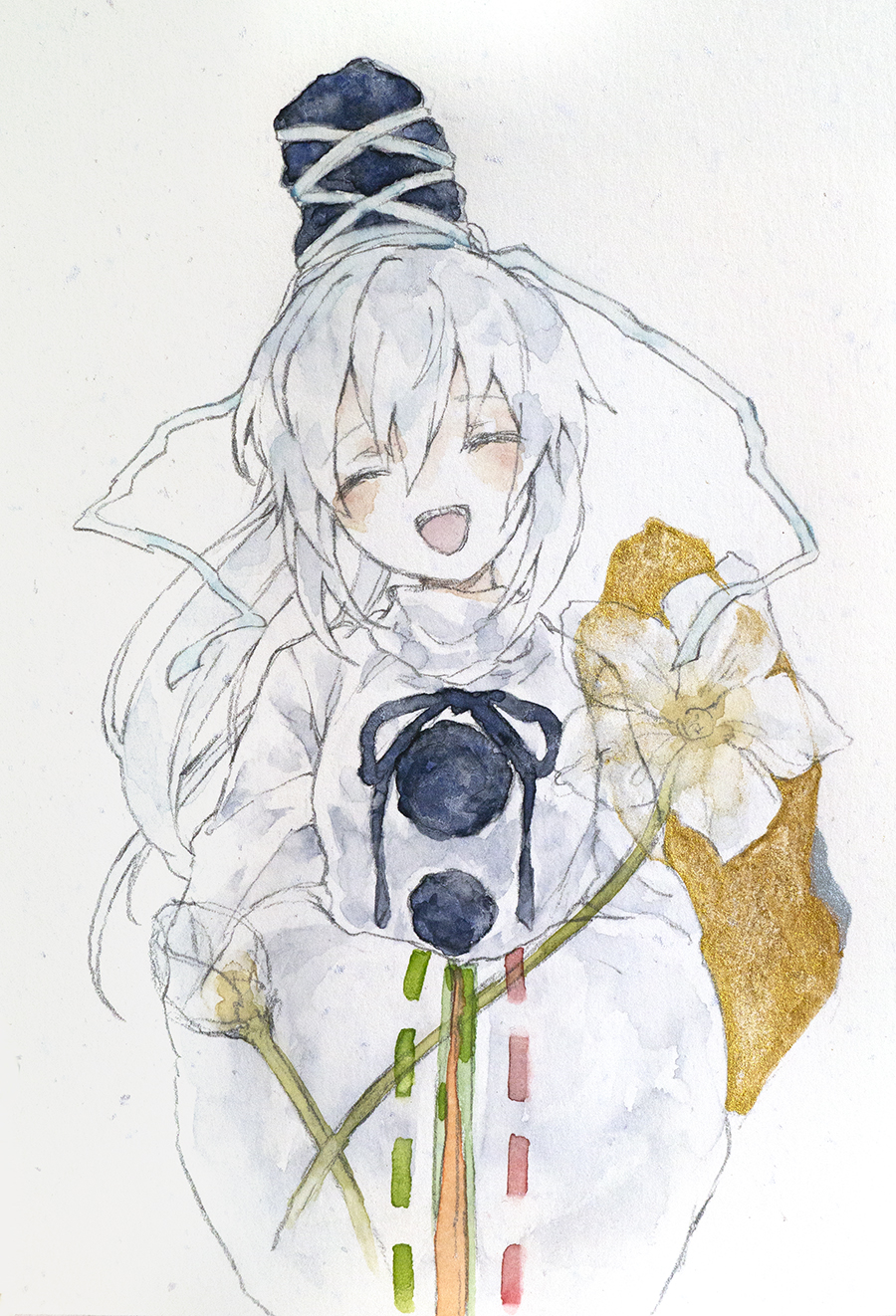 ikeda ruriko, mononobe no futo, touhou, highres, 1girl, closed eyes, long hair, looking at viewer, open mouth, shirt, solo, straight-on, white background, white hair, white shirt, wide sleeves