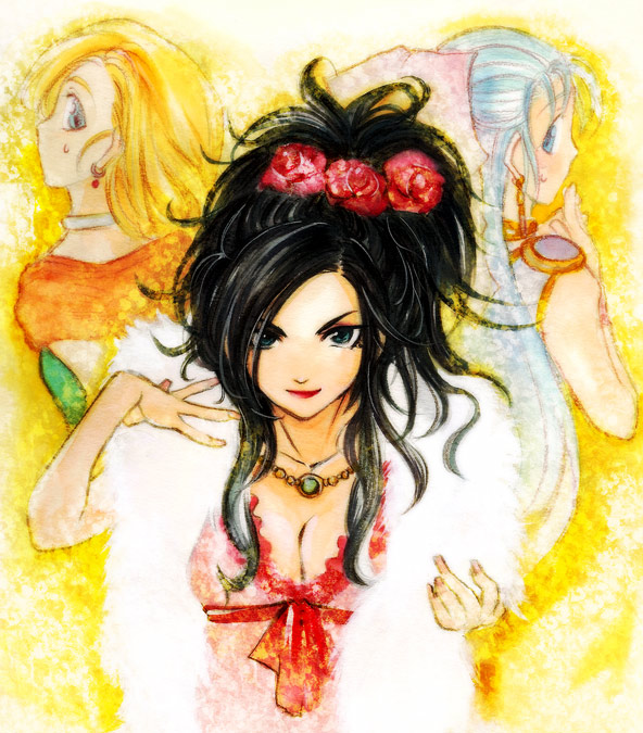 doraeshi, haduki (pixiv), bianca (dq5), deborah (dq5), flora (dq5), dragon quest, dragon quest v, bad id, bad pixiv id, 3girls, black hair, blonde hair, blue eyes, blue hair, bow, breasts, cleavage, half updo, multiple girls, pink bow, siblings, sisters