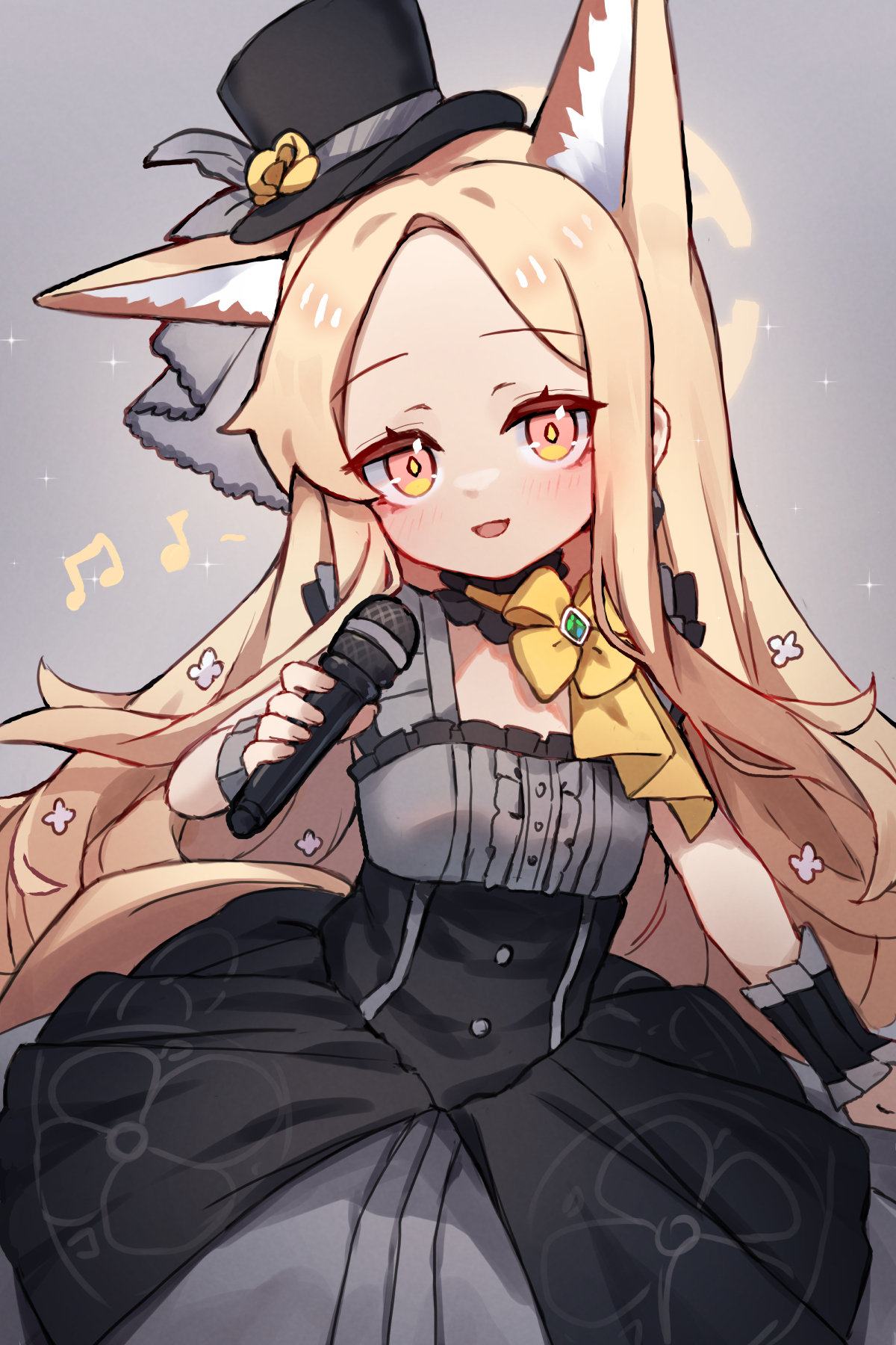 miya (miyaruta), mari (blue archive), mari (idol) (blue archive), seia (blue archive), blue archive, commentary, english commentary, highres, 1girl, animal ears, black hat, blonde hair, breasts, cosplay, dress, fox ears, fox girl, fox tail, halo, hat, holding, long hair, mari (blue archive) (cosplay), microphone, small breasts, solo, tail, top hat, yellow halo