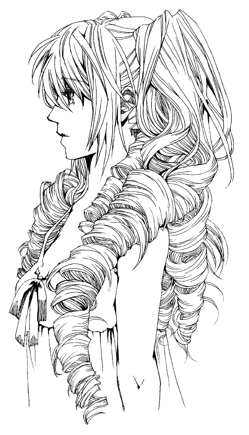 nagi (pixiv), hatsune miku, vocaloid, highres, drill hair, from side, greyscale, lineart, monochrome, profile, solo, twin drills, twintails