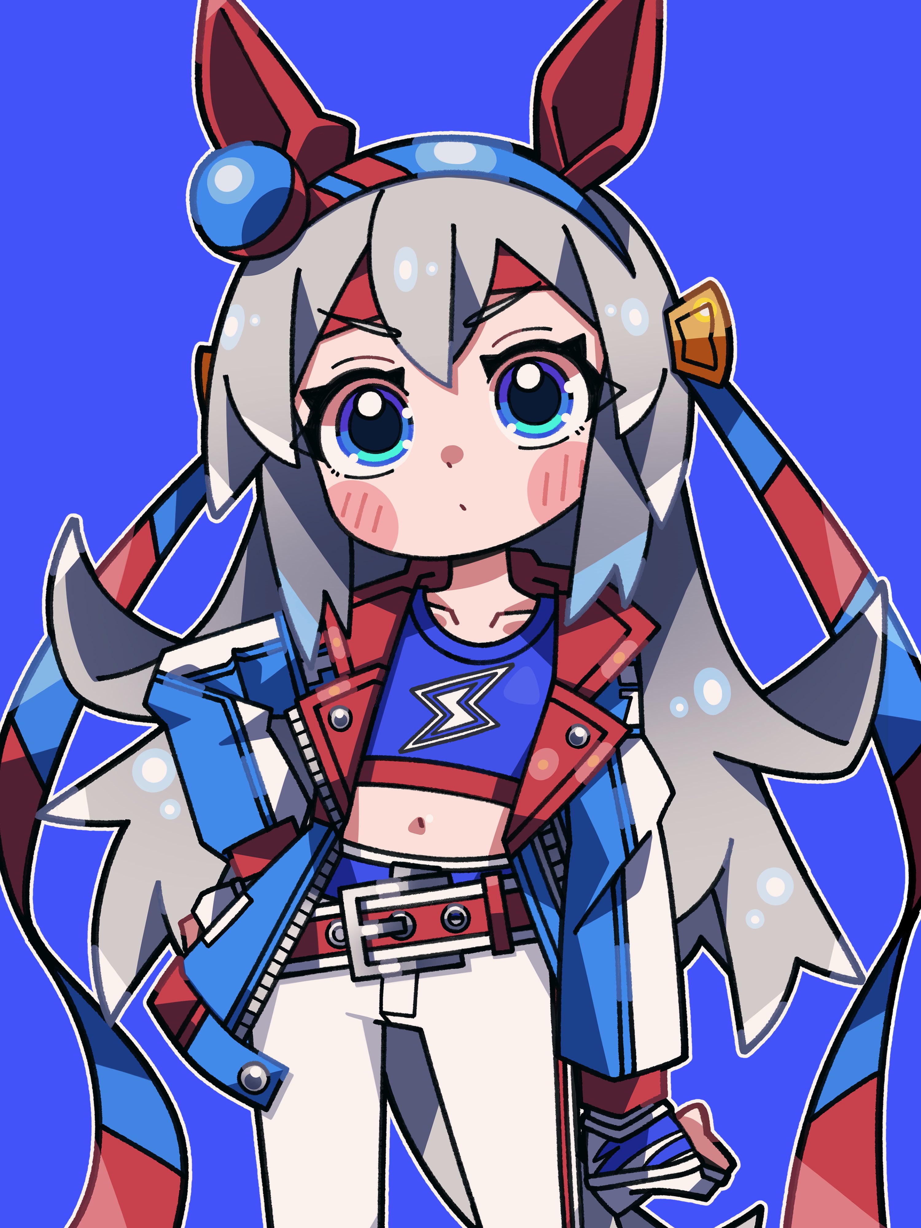 crutch elbow, tamamo cross (umamusume), tamamo cross (with lightning speed) (umamusume), umamusume, umamusume: cinderella gray, absurdres, highres, animal ears, belt, blue hairband, blue jacket, blue sports bra, crop top, ear covers, ear ornament, fingerless gloves, gloves, grey tail, hairband, headband, horse ears, horse girl, horse tail, jacket, lightning bolt print, lightning bolt symbol, navel, pants, red belt, red headband, sports bra, striped clothes, striped hairband, tail, white pants