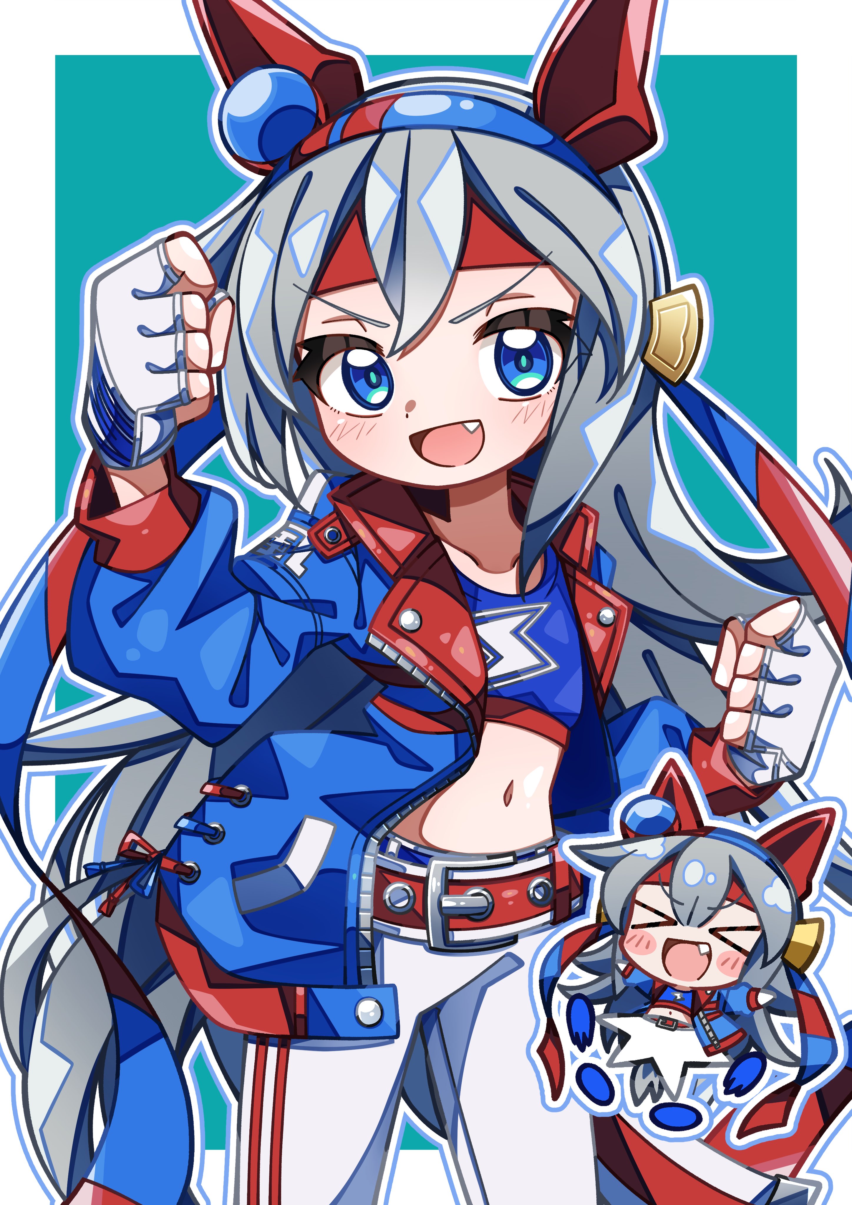 crutch elbow, tamamo cross (umamusume), tamamo cross (with lightning speed) (umamusume), umamusume, umamusume: cinderella gray, absurdres, highres, animal ears, belt, blue hairband, blue jacket, blue sports bra, crop top, ear covers, ear ornament, fingerless gloves, gloves, grey tail, hairband, headband, horse ears, horse girl, horse tail, jacket, lightning bolt print, lightning bolt symbol, navel, pants, red belt, red headband, sports bra, striped clothes, striped hairband, tail, white pants